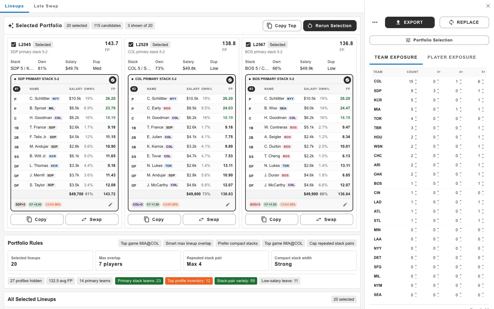 The real DFS Build portfolio showing three selected MLB lineups, portfolio rules, and team exposure controls